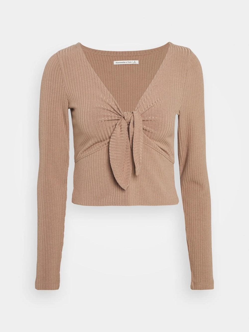 Abercrombie & Fitch Taupe Ribbed Tie-Front Long Sleeve Deep V-Neck Crop Top